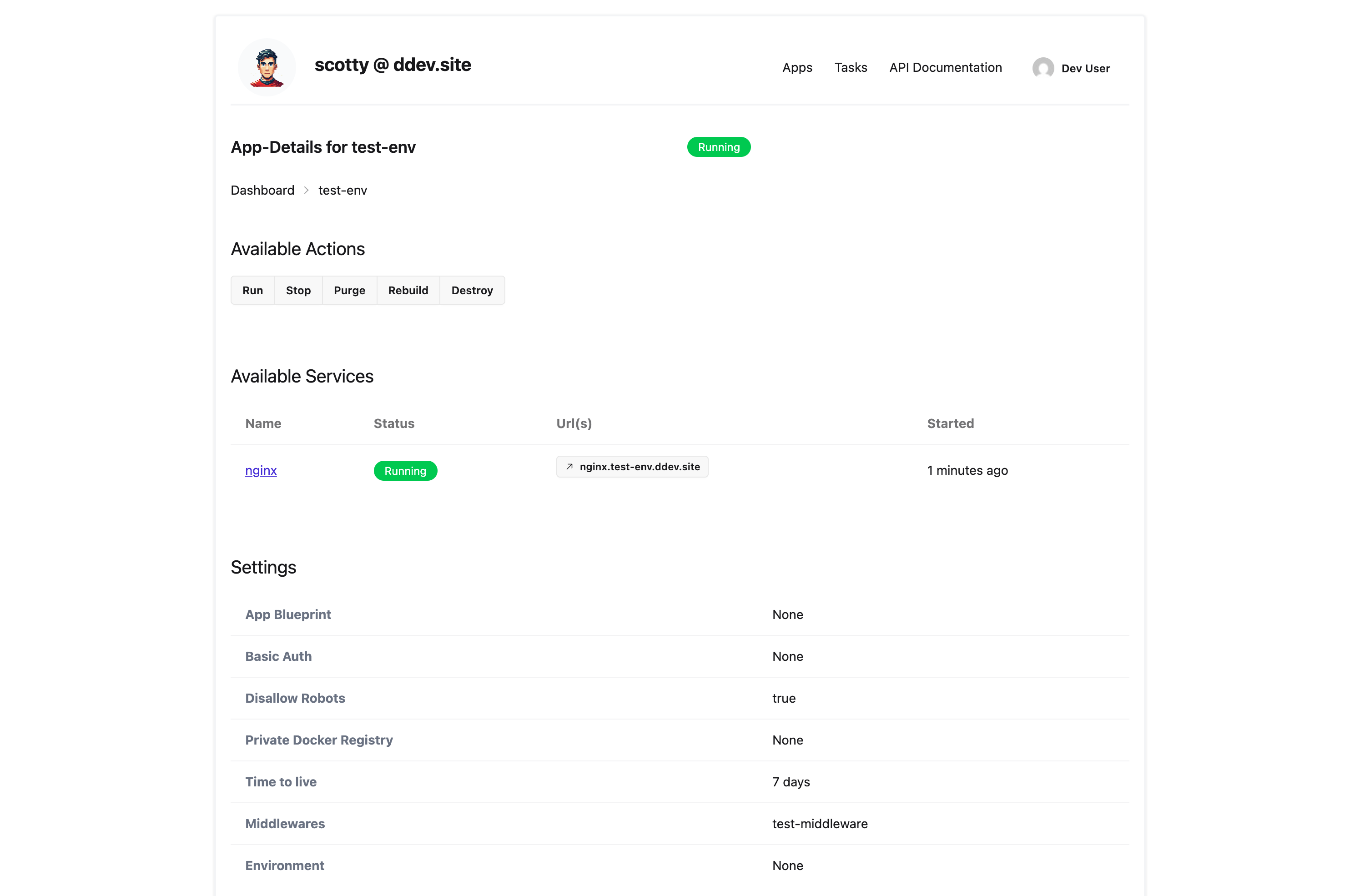 App detail page showing services