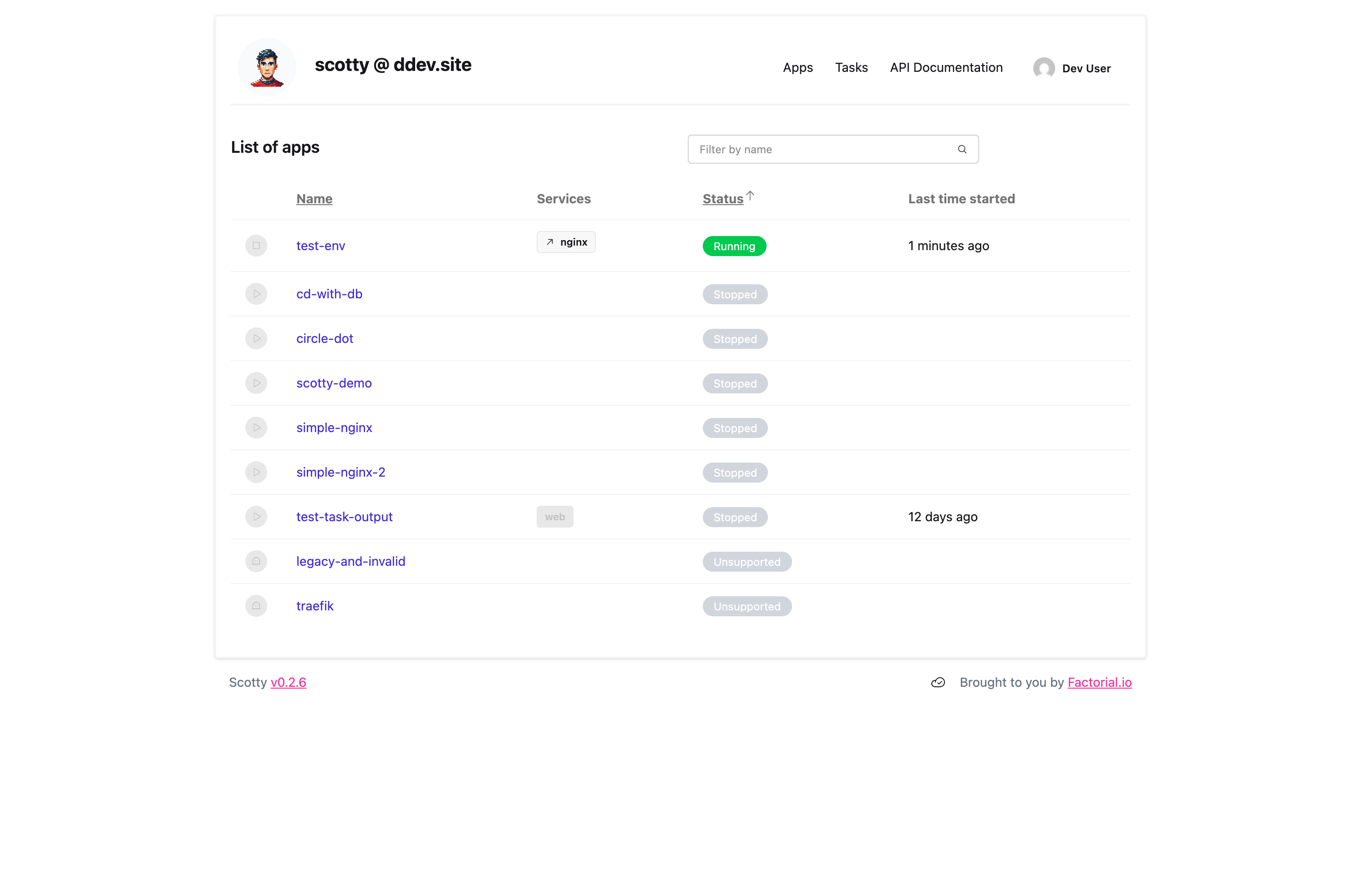 Dashboard showing list of apps