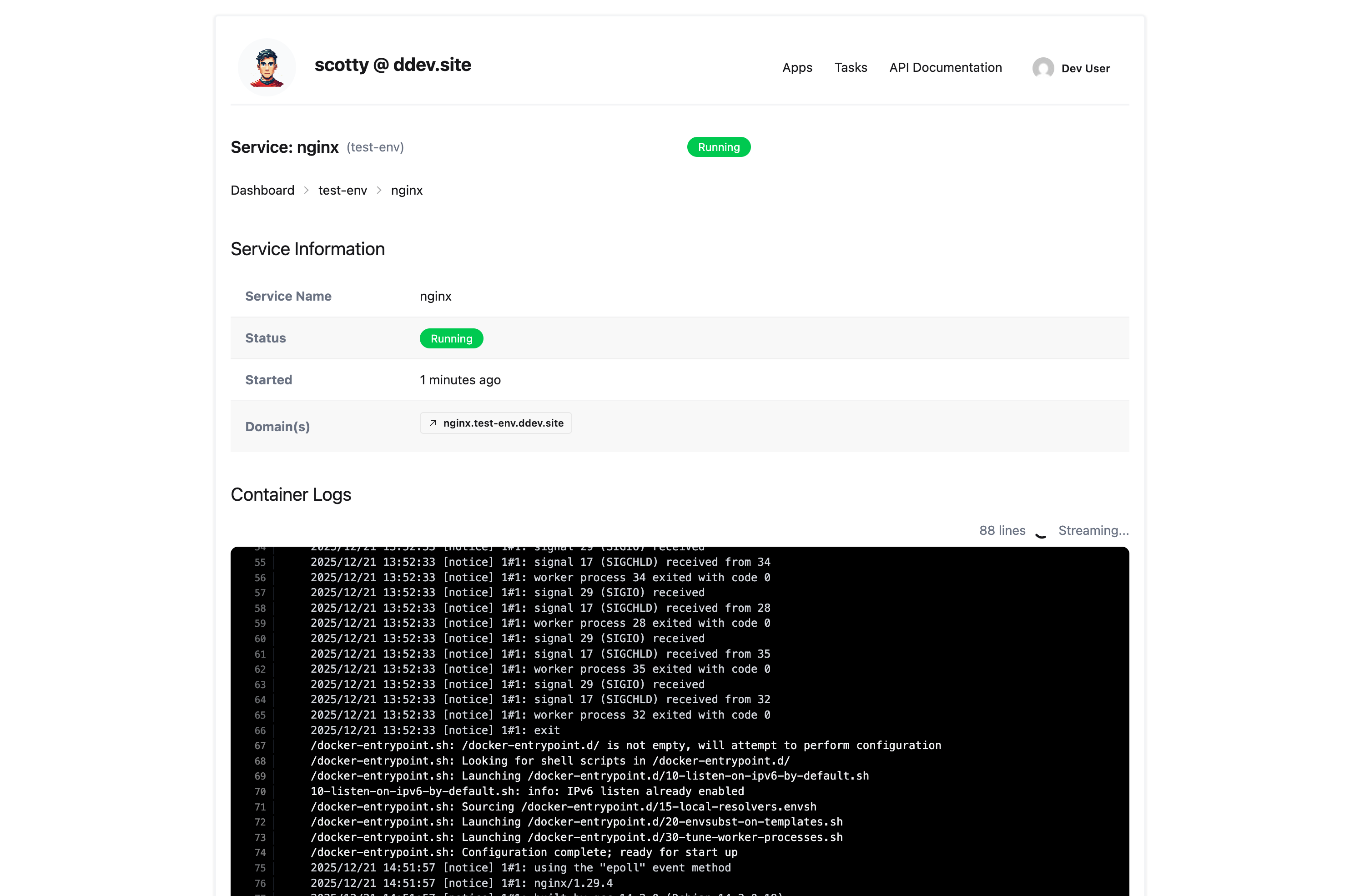 Log viewer showing real-time container logs